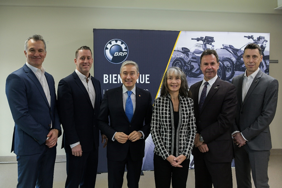 From left to right: Martin Langelier, Chief Legal Officer at BRP, Michael Long, Vice-President, Global Manufacturing Systems, Technology and Quality Strategy at BRP, François-Philippe Champagne, Member of Parliament for St-Maurice‒Champlain, and Minister of Innovation, Science and Industry, Marie-Louise Tardif, Member of the National Assembly for Laviolette‒Saint-Maurice, Michel Angers, Mayor of Shawinigan and Luc St-Pierre, Director, Engineering, BRP Megatech, gather on January 16, 2023 to celebrate the official inauguration of BRP Megatech in Shawinigan, Quebec.